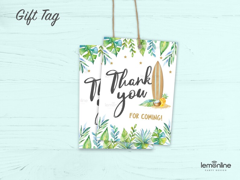 May include: Two white gift tags with a tropical theme. The tags feature green and blue tropical leaves, a surfboard, a coconut, and gold stars. The text on the tags reads "Thank you for coming!"