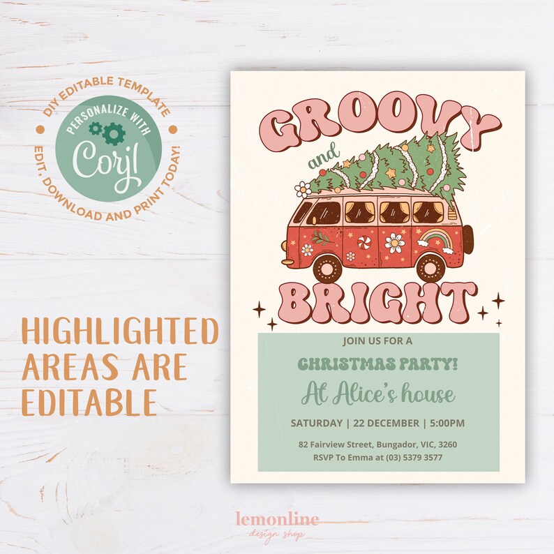 K&ouml;nnte beinhalten: Eine groovige und helle Weihnachtsfeier-Einladung mit einer Retro-Illustration eines Vans mit einem Weihnachtsbaum darauf. Der Text lautet "Groovy and Bright" und enth&auml;lt Details zur Party, einschlie&szlig;lich Datum, Uhrzeit und Ort.