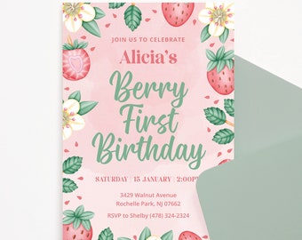 Berry First Birthday Invitation, Strawberry birthday, Strawberry First Birthday Invitation Girl, Pink Berry First Birthday Invitation, BRY1