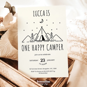 One happy camper invitation, Camp Theme Party, First birthday invite, Camping Baby Boy, Camping 1st birthday, camping invitation, CMP1