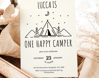 One happy camper invitation, Camp Theme Party, First birthday invite, Camping Baby Boy, Camping 1st birthday, camping invitation, CMP1