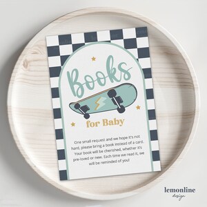 Boeken voor baby-insteekkaart, skateboard babyshower, kaart voor boekverzoek, neem een boekkaart mee in plaats van een kaart, baby aan boord skate, SB1