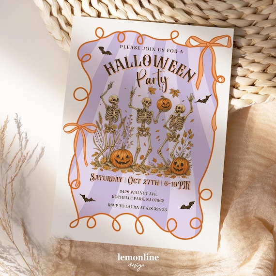 Dancing skeleton Invite, Trendy Halloween Party Invitation, Coquette Bow Halloween Invite, Preppy Halloween party invite, Skull Invite, HW2