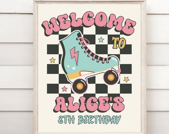 Bewerkbare Roller Skate Welkomstbord, Let's Roll verjaardagsfeestje, skate party decor, Roller skate ijsbaan verjaardag, Welcome Sign Party, ROLL7