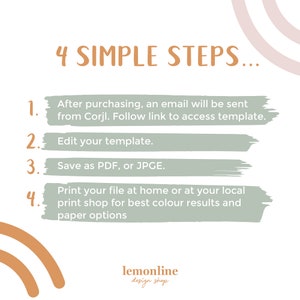 May include: A graphic with four simple steps for editing and printing a digital template. The steps are written in black text on a light green background. The text "4 SIMPLE STEPS..." is written in brown text on a white background. The graphic has a light pink and orange rainbow design in the background.