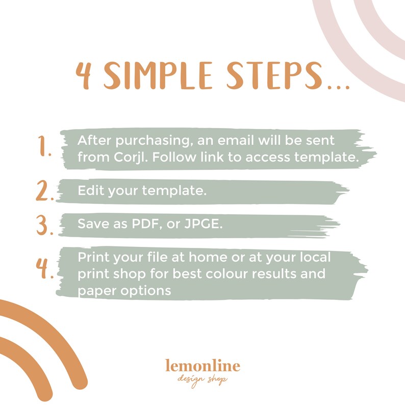 May include: A graphic with four simple steps for editing and printing a digital template. The steps are written in black text on a light green background. The text "4 SIMPLE STEPS..." is written in brown text on a white background. The graphic has a light pink and orange rainbow design in the background.