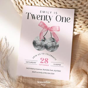 Cherry Disco Pink Bow Invite, Coquette invitation, Ribbon Disco Ball Invitation, Trendy Disco Ball Invitation, Preppy bow Invitation, PRP1