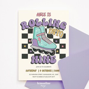 May include: A birthday invitation with a retro design featuring a purple, blue, and pink roller skate on a black and white checkered background. The text reads "Alice is Rolling into Nine" with a purple and pink color scheme. The invitation includes details for the party, including the date, time, and location.