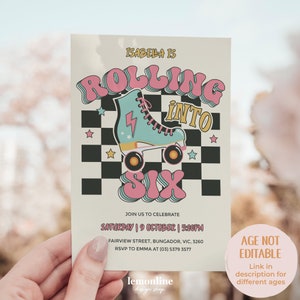 May include: A colorful invitation for a birthday party with the text "Isabella is Rolling into Six" in a retro font. The invitation features a cartoon roller skate with a lightning bolt on the side, set against a black and white checkered background.