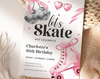 Roller Skate Birthday Invitation, Coquette Roller Skating Invite, Girly Cherry Disco Ball Invite, Pink Bow Girl Birthday Invitation, PRP2