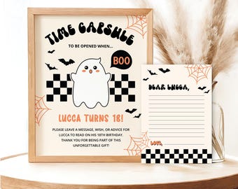 May include: A printable time capsule card with a cute ghost illustration and the text "Time Capsule, To Be Opened When... BOO, Lucca Turns 18!"  The card also includes a space for guests to leave a message, wish, or advice for Lucca.