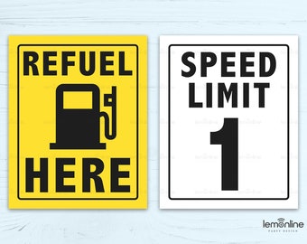 Speed Limit 1 Sign, Refuel Here Sign, Road Signs birthday party decoration, cars birthday party idea, boys First birthday party, RS1