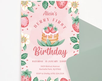 Berry First Birthday Invitation, Strawberry birthday, Strawberry First Birthday Invitation Girl, Pink Berry First Birthday Invitation, BRY1