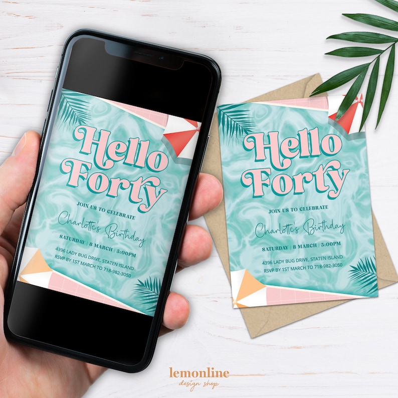 Editable Forty birthday invitation, Pool Party Theme, 40 birthday for her, Pool Party Invite, invitations for her, Pool party birthday POOL1 image 5