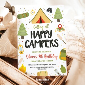 Invitation de joyeux campeurs, invitation de joyeux campeurs, fête à thème de camp, invitation d'anniversaire de camp, invitation de camping, joyeux campeur, CMP3
