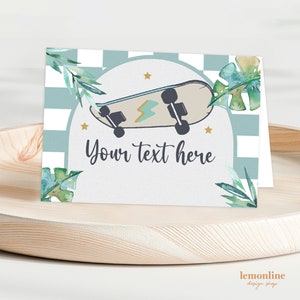 Tarjetas de lugar para monopatín, decoración de fiesta de monopatín, tema de baby shower Bruh, bebé a bordo, etiquetas de tienda de comida para monopatín, 1er cumpleaños SB1