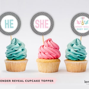 Gender Reveal Cupcake Toppers, DIY cupcake topper, Gender Reveal decoration, gender reveal Ideas, Gender Reveal Decor, He or She topper GR01
