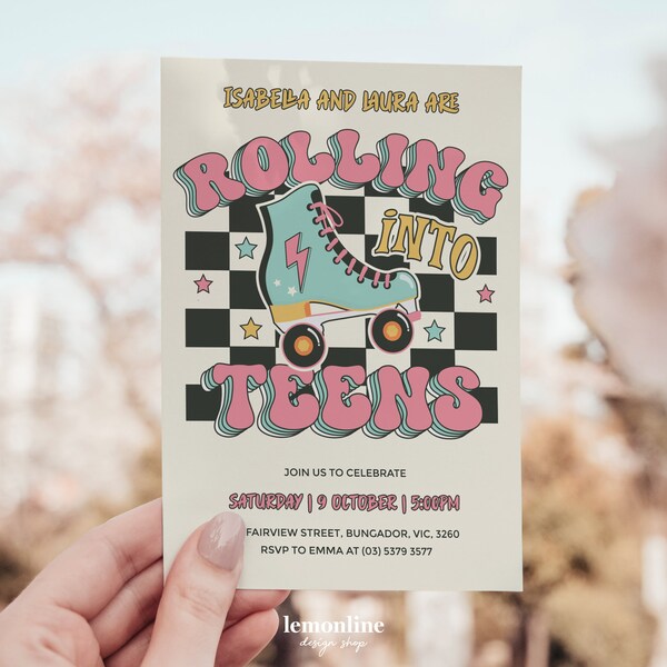 Rolling into Teens invitation, Let's Roll Invite, teen party idea, Roller skate rink birthday, skating invitation, teens and tweens ROLL7