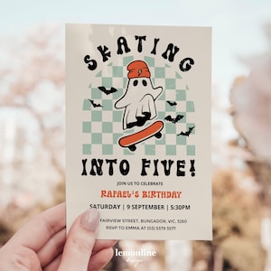 Halloween Birthday Invitation, Skateboard Halloween Invite, Ghost Skateboard Invitation, skateboard invite, SPooky Skateboarding theme, HLW8