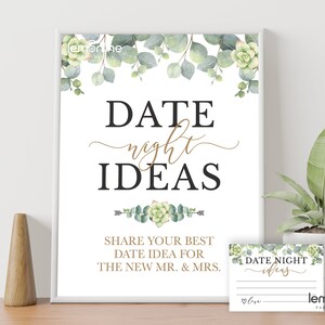 Date night ideas, bridal shower date night idea, date night ideas sign, date night ideas cards, date night game, date night idea jar, EUCA1