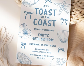 Coastal Let's Toast On The Coast, Coastal Seashell Birthday Invitation, Beach Birthday Party Invite, Beach Ocean Seashell Invitation, BC1