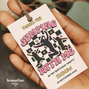 Jump-verjaardagslabel, Let's Jump Party-verjaardagscadeaulabel, bedanklabel springen, trampolinefeestlabel, bewerkbare bedanklabels bounce, JUM2
