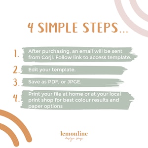May include: A graphic with four simple steps for editing and printing a digital template. The steps are written in black text on a light green background. The text "4 SIMPLE STEPS..." is written in brown text on a white background. The graphic has a light pink and orange rainbow design in the background.