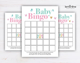 May include: Three printable baby bingo cards with a pink and blue color scheme. The cards have a 5x5 grid with images of butterflies, hearts, and baby gift bags. The text "Baby Bingo" is at the top of each card.