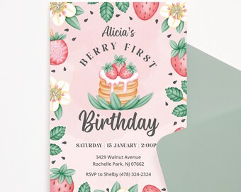 Berry First Birthday Invitation, Strawberry birthday, Strawberry First Birthday Invitation Girl, Pink Berry First Birthday Invitation, BRY1