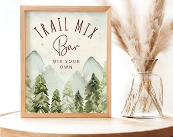 Panneau de bar de mélange montagnard, panneau de baby shower de camping, un petit campeur est sur le chemin, panneau de baby shower à thème de camp, panneau de faveurs de mélange montagnard, CMP2
