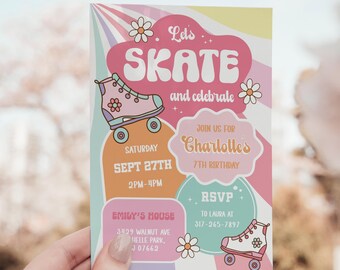 May include: A retro-style invitation with the text "Let's Skate and Celebrate." The invitation features a pink roller skate graphic, daisies, and a color scheme of pink, orange, and blue. It includes event details for a 7th birthday party.