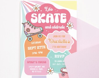 May include: A pastel-colored invitation with the text "Let's Skate and Celebrate." The design includes a roller skate illustration, daisies, and details for a birthday party, including the date, time, and location.