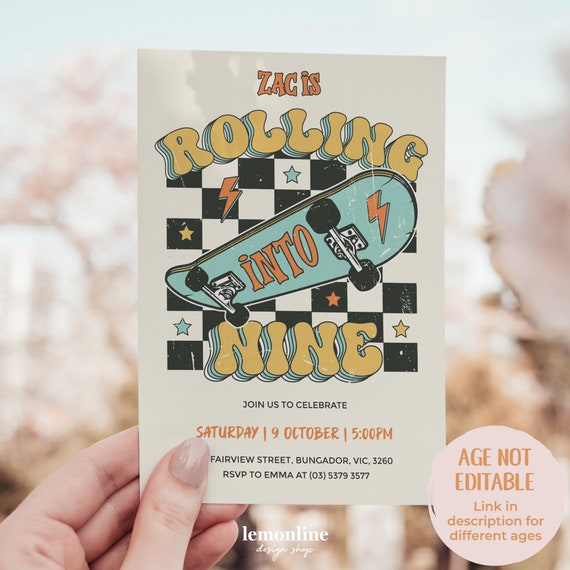 Rolling into Nine invitation, skateboarding party, 9th Birthday boy, skateboarding party, 9th birthday party, skateboard invite, ROLL3