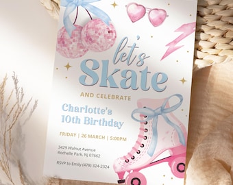 Roller Skate Birthday Invitation, Pink & Blue Coquette Roller Skating Invite, Cherry Disco Ball Invite, Bow Girl Birthday Invitation, PRP2