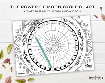 Moon mandala, Moon Cycle Chart, body, mind and soul tracker, Moon Tracker with Flowers colouring, Moon phases, Moon Chart, moon charting