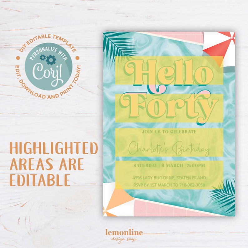 Editable Forty birthday invitation, Pool Party Theme, 40 birthday for her, Pool Party Invite, invitations for her, Pool party birthday POOL1 image 3
