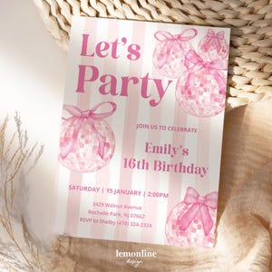 Pink Disco Ball Birthday Invitation, Pink Disco Pink bows Girly invite Trendy Invitation, Girl Birthday Invitation, coquette invitation PRP1