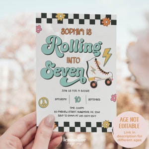 Rolling into 7 invite, Skate Party Invitation, 7th birthday invite, skate invite, Roller skate rink birthday, roller skate invite, ROLL6