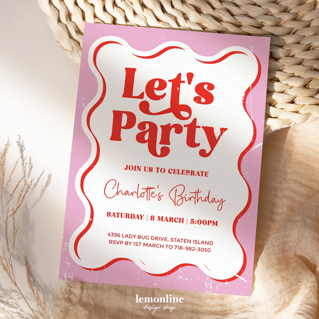 Editable Wavy Invitation, Pink and Red Invite, Pink Wavy Border ...