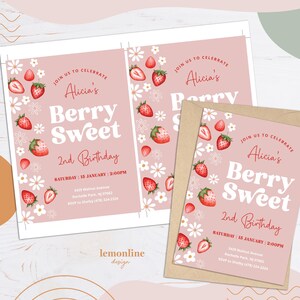 May include: Pink invitation with a strawberry and daisy pattern. The text reads "Join us to celebrate Alicia's Berry Sweet 2nd Birthday. Saturday, 15 January, 2:00 PM. 3425 Walnut Avenue, Rochelle Park, NJ 07662. RSVP to Shelby (478) 334-2324."