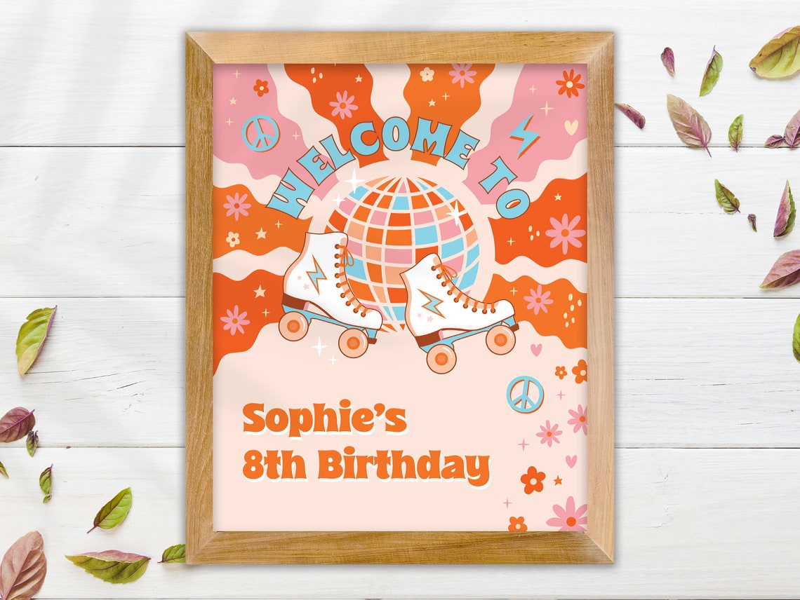 Editable Groovy Welcome Sign, Disco Roller Skate Birthday Party, Let's ...