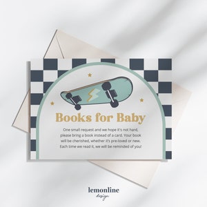 Boeken voor baby-insteekkaart, skateboard babyshower, kaart voor boekverzoek, neem een boekkaart mee in plaats van een kaart, baby aan boord skate, SB1