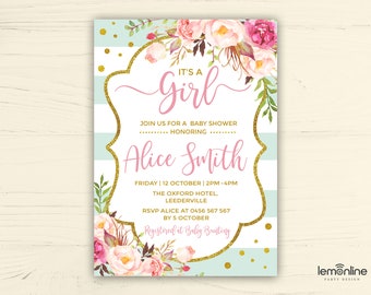 It's a girl Invitation, baby shower invite, floral invitation, it's a girl invite, baby girl invite, pink shower, baby girl invitation, FLO1