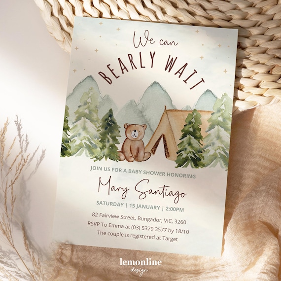 We Can Bearly Wait Invite, Little camper invitation, Let the Adventure Begin Baby Shower invitation, camper invite, camping baby shower CMP2
