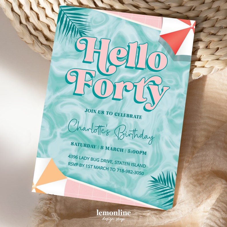 Editable Forty birthday invitation, Pool Party Theme, 40 birthday for her, Pool Party Invite, invitations for her, Pool party birthday POOL1 image 2