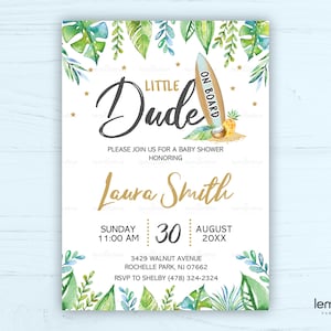 Baby on Board Invitation, Surf invitation, Surfer Baby Shower, Little Dude on Board Invitation, Baby on Board Invite, surfboard shower SURF3