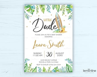 Baby on Board Invitation, Surf invitation, Surfer Baby Shower, Little Dude on Board Invitation, Baby on Board Invite, surfboard shower SURF3