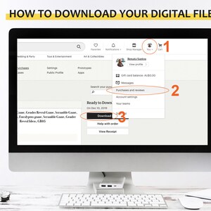 May include: A computer screen showing a website with instructions on how to download a digital file. The steps are numbered 1, 2, and 3. The website is titled "How to Download Your Digital File".