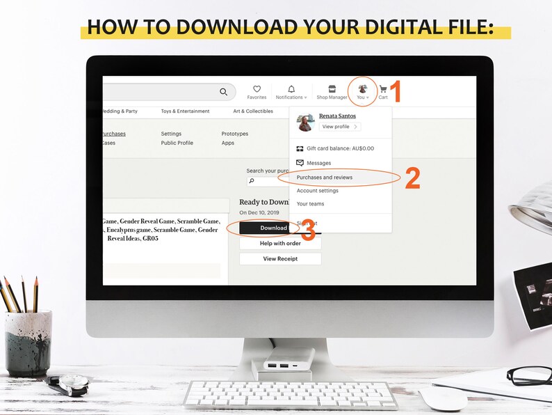 May include: A computer screen showing a website with instructions on how to download a digital file. The steps are numbered 1, 2, and 3. The website is titled "How to Download Your Digital File".