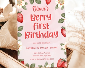 Berry First Birthday Invitation, Strawberry birthday, Strawberry First Birthday Invitation Girl, Pink Berry First Birthday Invitation, BRY2
